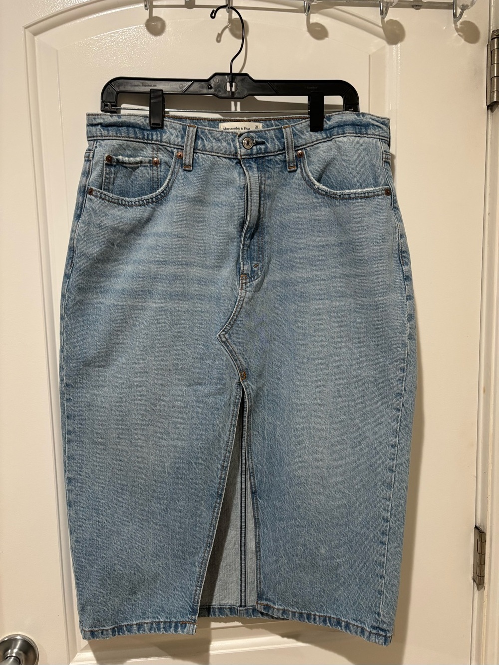 Abercrombie & Fitch Light Wash Denim Midi Skirt with Front Slit